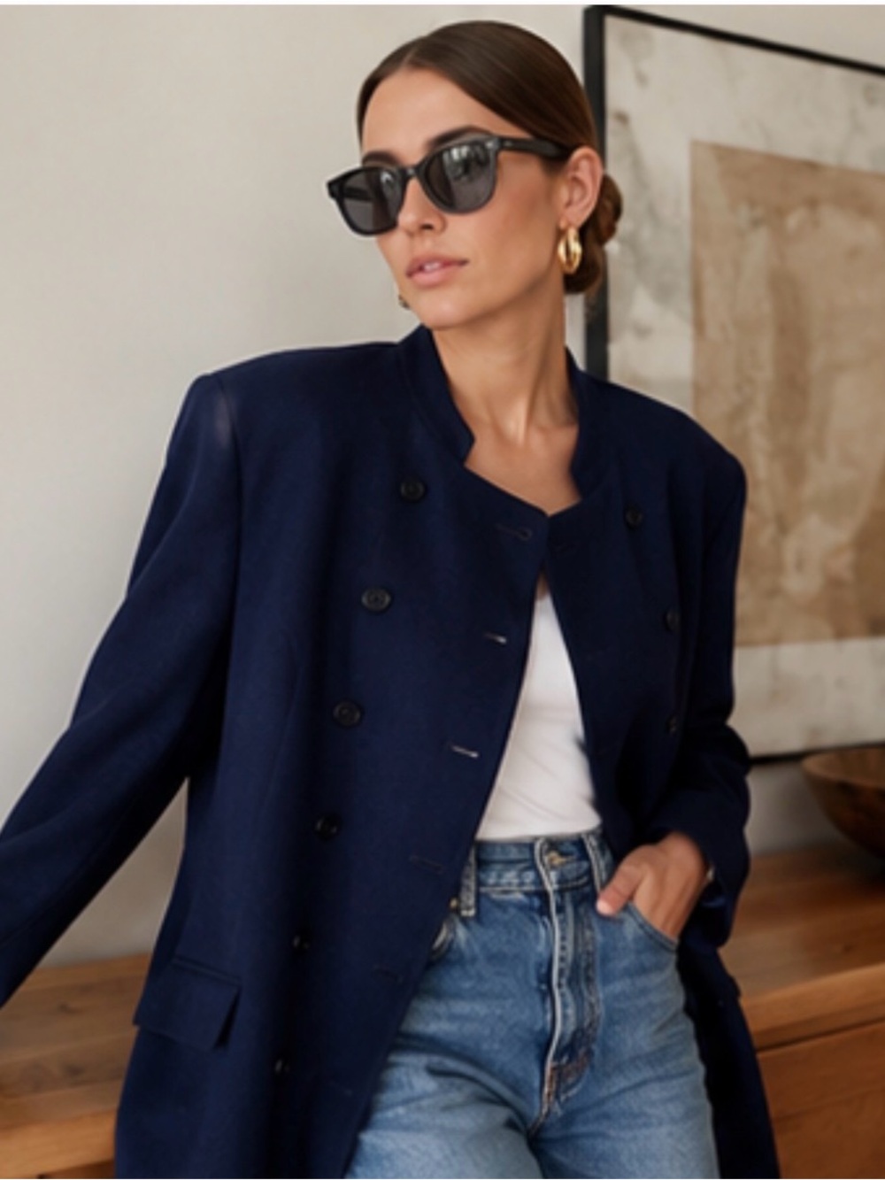 Ralph Lauren Quintessential Navy Blue Wool Gabardine Long Blazer Jacket size 14W